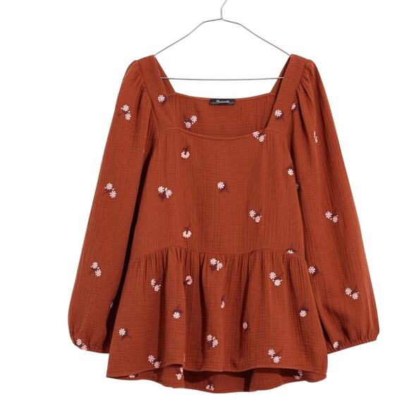 Madewell Amie Floral Embroidered Lightspun Millbrook Puff-Sleeve Peplum Top LG - Picture 2 of 11